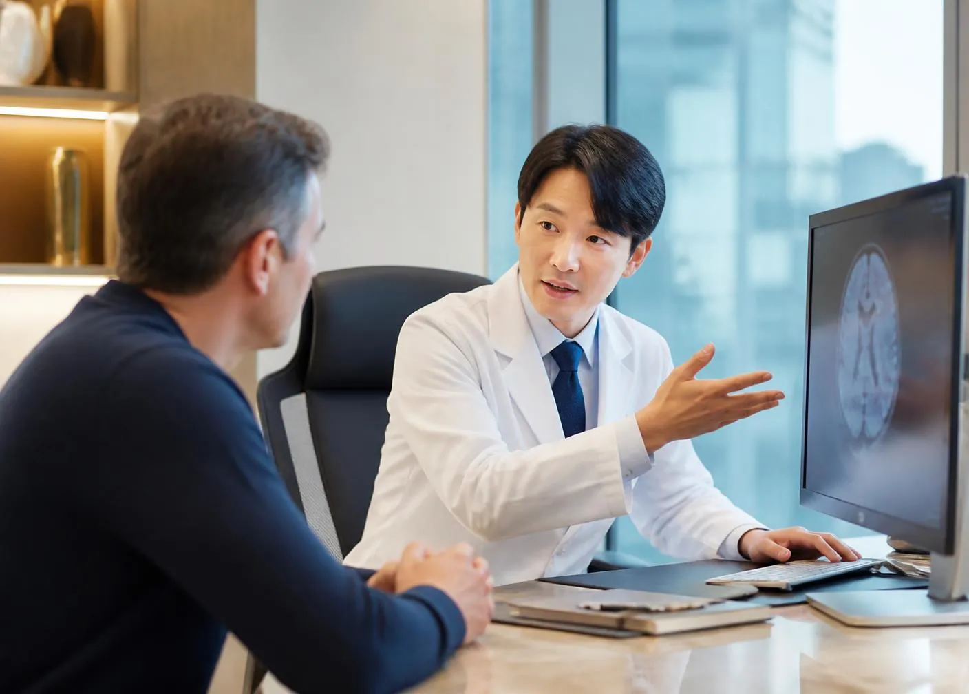 Korean medical professional reviewing diagnostic results
